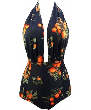 Retro One Piece Backless Bather Swimsuit High Waisted Pin Up Swimwear(FBA) - Black Tangerine - CU187IOT4M5 $23.71-One-Pieces