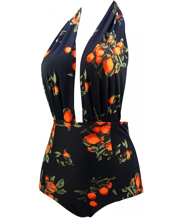 Retro One Piece Backless Bather Swimsuit High Waisted Pin Up Swimwear(FBA) - Black Tangerine - CU187IOT4M5 $23.71-One-Pieces