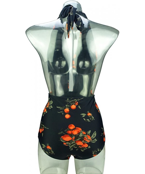 Retro One Piece Backless Bather Swimsuit High Waisted Pin Up Swimwear(FBA) - Black Tangerine - CU187IOT4M5 $23.71-One-Pieces