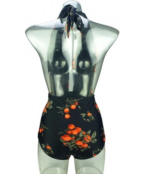 Retro One Piece Backless Bather Swimsuit High Waisted Pin Up Swimwear(FBA) - Black Tangerine - CU187IOT4M5 $23.71-One-Pieces