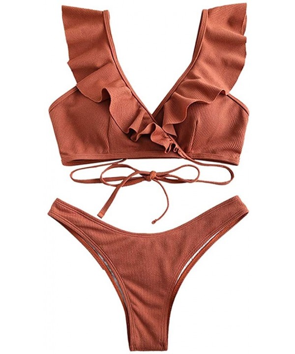 Womens Ruffle Swimsuit Low Waist Bikini Sets Tie Knot Front Two Piece Swimwear Beachwear. - Brown - CD199OK5RIM $21.24-Sets