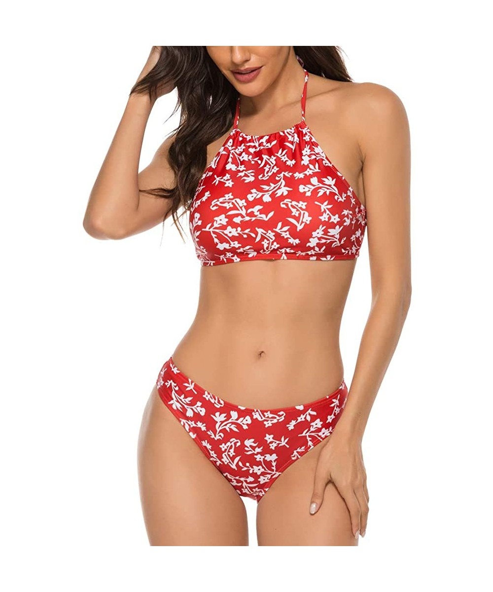 Women's Sexy Halter Leaves Print 2 Piece Swimsuit Padding Bikini Set - 04 Red - C0193ZN9Q3G $23.80-Sets