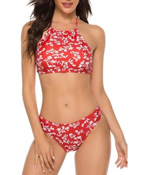 Women's Sexy Halter Leaves Print 2 Piece Swimsuit Padding Bikini Set - 04 Red - C0193ZN9Q3G $23.80-Sets