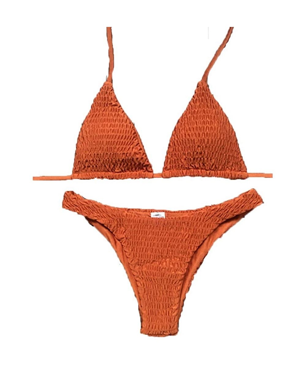 Bikini Sets Pleated Halter Triangle Tops Solid Lace Up Two Pieces Tie Swimsuits Bathing Suits - Orange - CZ194ADK8AH $14.78-Sets