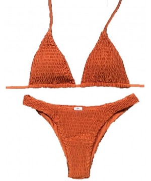 Bikini Sets Pleated Halter Triangle Tops Solid Lace Up Two Pieces Tie Swimsuits Bathing Suits - Orange - CZ194ADK8AH $14.78-Sets