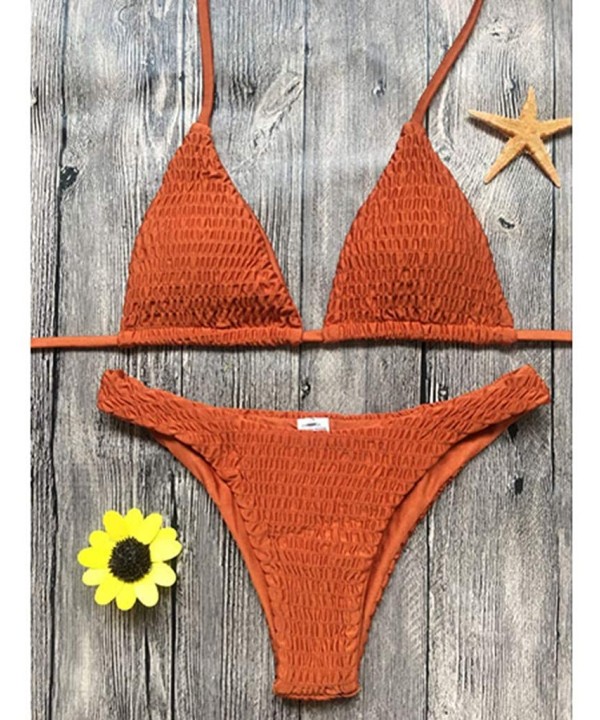 Bikini Sets Pleated Halter Triangle Tops Solid Lace Up Two Pieces Tie Swimsuits Bathing Suits - Orange - CZ194ADK8AH $14.78-Sets