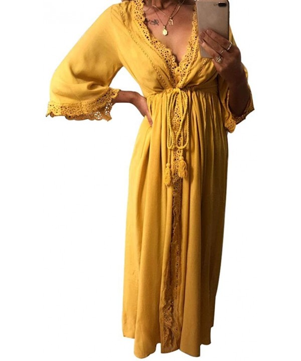 Womens Swimsuit Coverups Beach Lace Open Long Cardigan Kimono Cover Up - Yellow - C018RYD2TGL $12.42-Cover-Ups