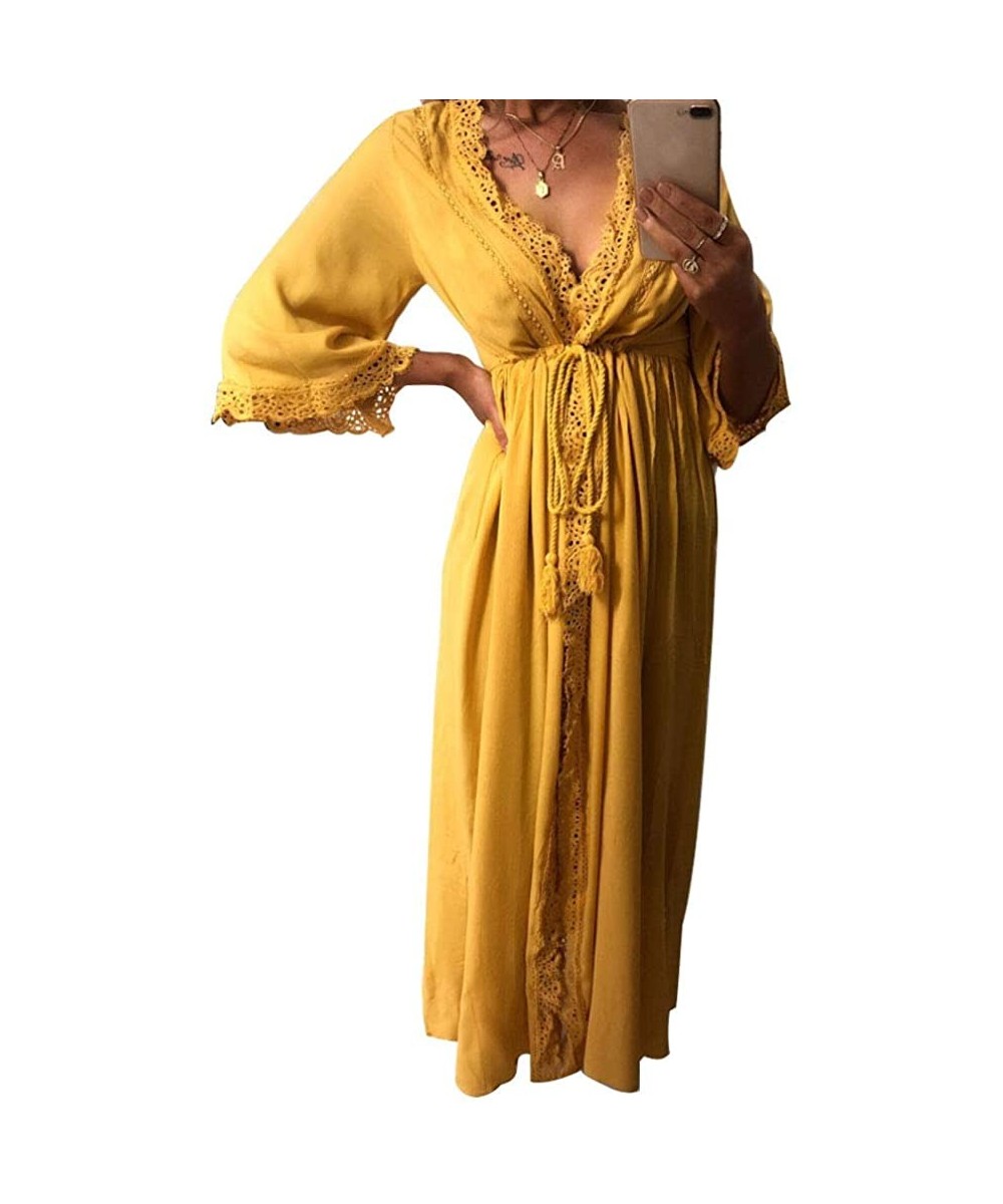 Womens Swimsuit Coverups Beach Lace Open Long Cardigan Kimono Cover Up - Yellow - C018RYD2TGL $12.42-Cover-Ups