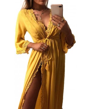 Womens Swimsuit Coverups Beach Lace Open Long Cardigan Kimono Cover Up - Yellow - C018RYD2TGL $12.42-Cover-Ups