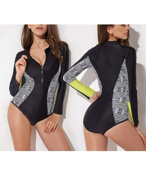 Women's One Piece Rash Guard Swimsuit Long Sleeve Sun Protection Printed Swimwear Bathing Suit - Black-2 - CC18QCEN2CK $43.82...