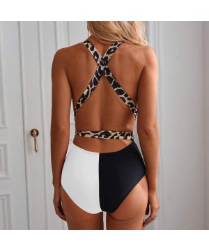 Women Criss Back Tank Leopard Patchwork Plunge V One Piece Swimsuit Tummy Control Belted Swimwear Bathing Suit White - C7196T...