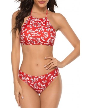 Women's Sexy Halter Leaves Print 2 Piece Swimsuit Padding Bikini Set - 04 Red - C0193ZN9Q3G $23.80-Sets