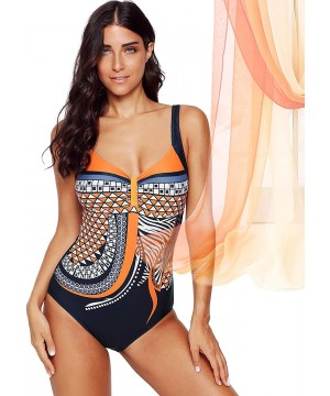 Womens Multicolored Stylish Print One Piece Swimsuit and a Sunscreen Scarf Shawl - Orange - C418NMWL4XK $22.09-One-Pieces