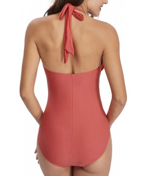 Women's One Piece Swimsuits Tummy Control Swimwear Halter Bathing Suits V Neck Backless Monokini Ruched Bikini Red 2 - C518QN...