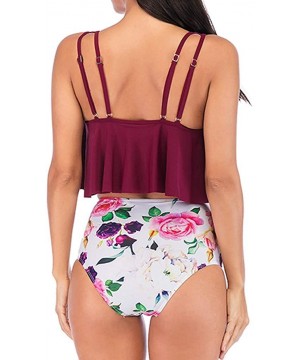 Women's Plus Size Tankini Lotus Leaf Print Swimsuit High Waist Split Bikini Swimwear - A Red - C118TMKN4L5 $15.74-Sets