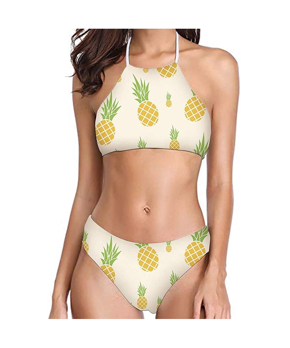 Women Printed High Neck Bikini Tie Back Swimsuit 2 Piece Bathing Suit High Leg Cut - Pineapple - 2031 - C918QEYXGQG $24.80-Sets