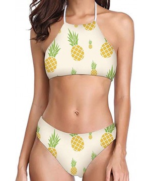 Women Printed High Neck Bikini Tie Back Swimsuit 2 Piece Bathing Suit High Leg Cut - Pineapple - 2031 - C918QEYXGQG $24.80-Sets