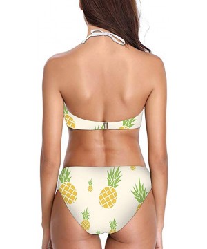 Women Printed High Neck Bikini Tie Back Swimsuit 2 Piece Bathing Suit High Leg Cut - Pineapple - 2031 - C918QEYXGQG $24.80-Sets