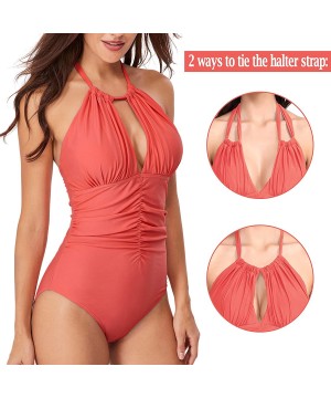 Women's One Piece Swimsuits Tummy Control Swimwear Halter Bathing Suits V Neck Backless Monokini Ruched Bikini Red 2 - C518QN...