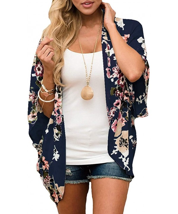 Womens Beach Kimono Cardigan Chiffon Floral Print Short Cover up - Dark Blue - C218W5RUY5Q $12.81-Cover-Ups