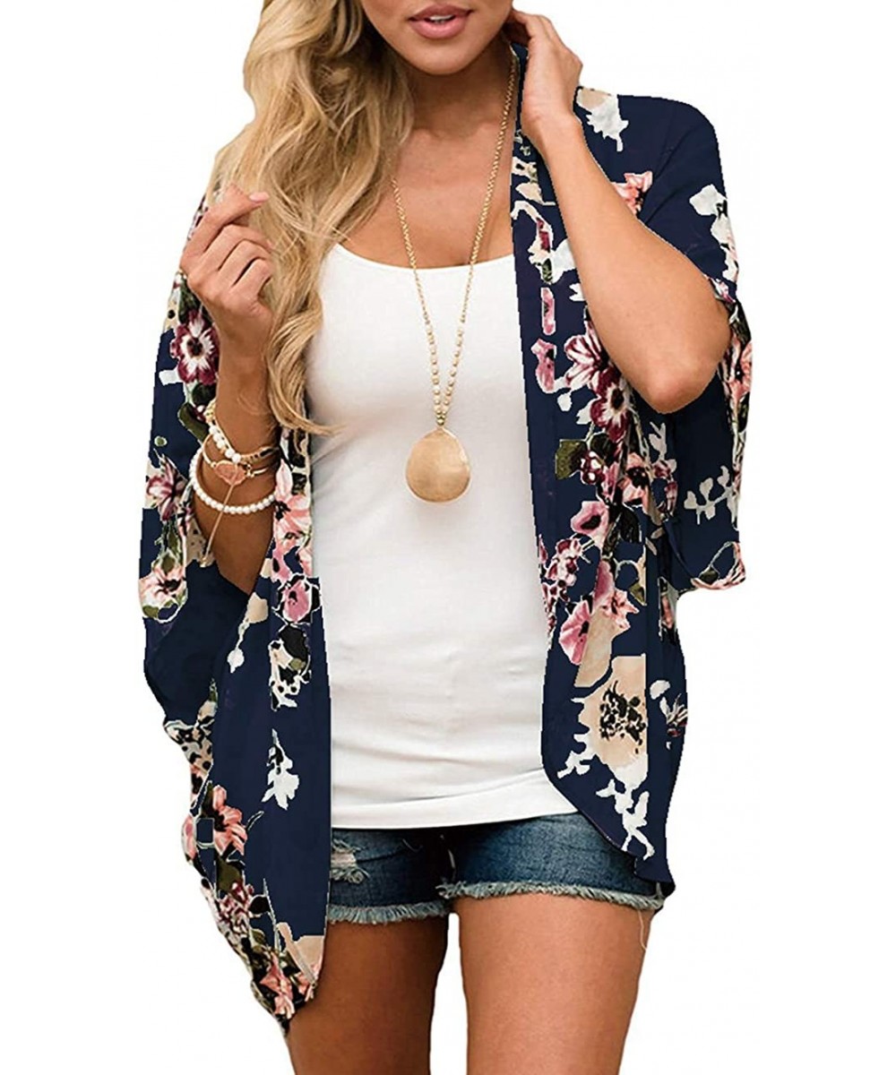 Womens Beach Kimono Cardigan Chiffon Floral Print Short Cover up - Dark Blue - C218W5RUY5Q $12.81-Cover-Ups