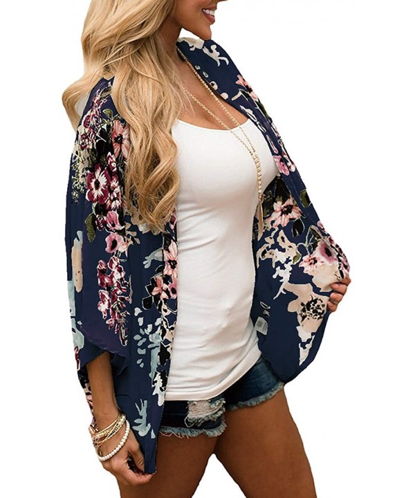 Womens Beach Kimono Cardigan Chiffon Floral Print Short Cover up - Dark Blue - C218W5RUY5Q $12.81-Cover-Ups