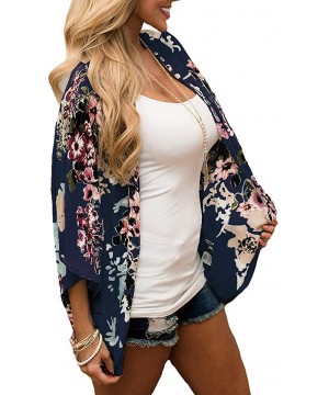 Womens Beach Kimono Cardigan Chiffon Floral Print Short Cover up - Dark Blue - C218W5RUY5Q $12.81-Cover-Ups