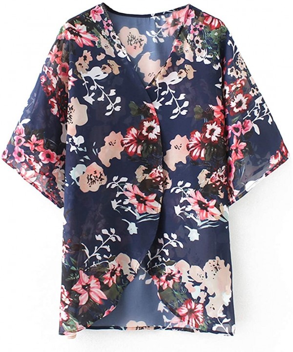 Womens Beach Kimono Cardigan Chiffon Floral Print Short Cover up - Dark Blue - C218W5RUY5Q $12.81-Cover-Ups