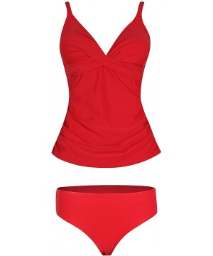 Women Halter V-Neck Tankini Swimsuits Retro Printed Tank Top with Tribal Bottoms Plus Size - Red - CU18STO643N $26.57-Racing