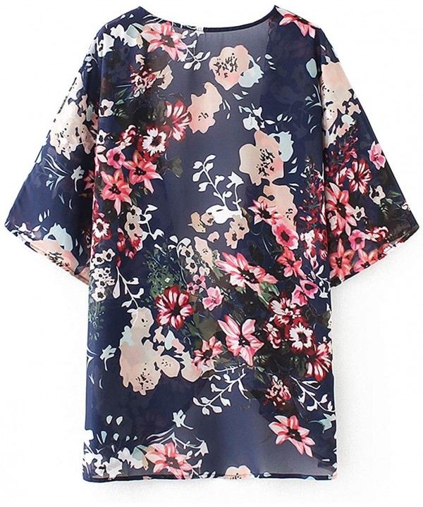 Womens Beach Kimono Cardigan Chiffon Floral Print Short Cover up - Dark Blue - C218W5RUY5Q $12.81-Cover-Ups