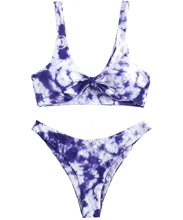 Women 's Backless Bikini Set-High Waisted Tie-Dye Bow Tied High Cut String Bandeau Swimwear Set - Purple - CI190MYM77K $19.96...