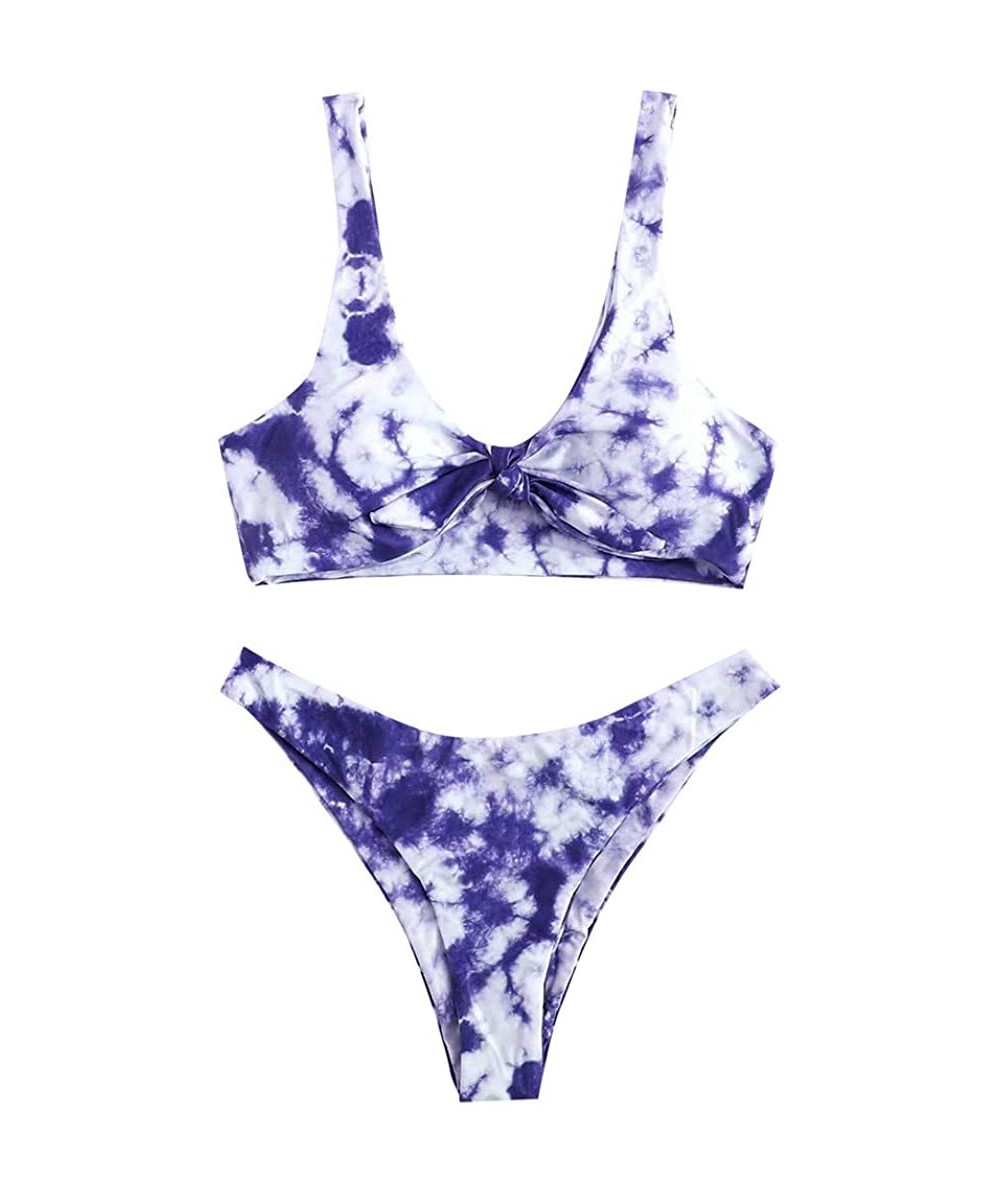 Women 's Backless Bikini Set-High Waisted Tie-Dye Bow Tied High Cut String Bandeau Swimwear Set - Purple - CI190MYM77K $19.96...