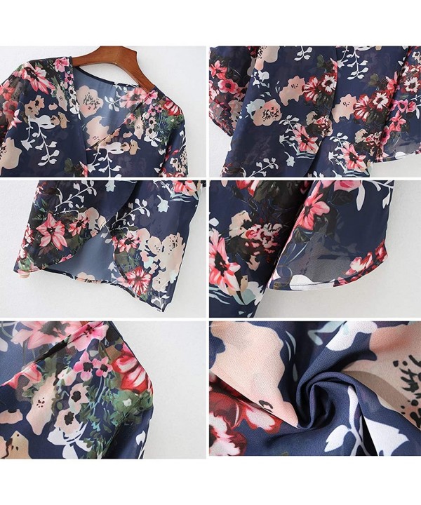 Womens Beach Kimono Cardigan Chiffon Floral Print Short Cover up - Dark Blue - C218W5RUY5Q $12.81-Cover-Ups