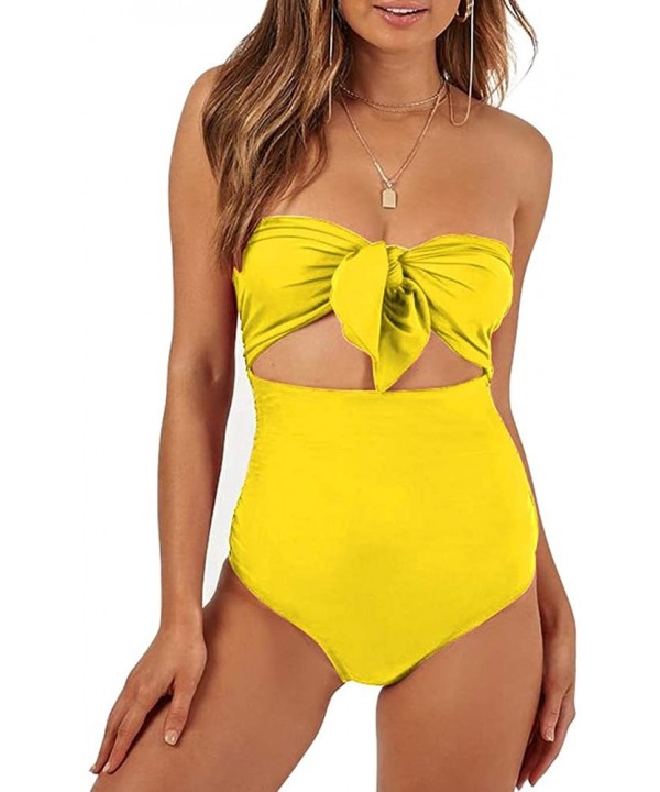 Doramode Women's Strapless Tie Knot Front High Waist One Piece Casual Swimsuit for Beachwear - Yellow - CC18QA6DO97 $20.23-On...