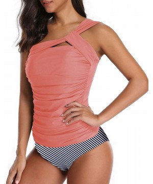 Women Tankini Ruched One Shoulder Tummy Control Top High Neck Swimsuits - Pink Stripe - C8198C5XLSG $36.03-Tankinis