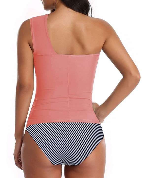 Women Tankini Ruched One Shoulder Tummy Control Top High Neck Swimsuits - Pink Stripe - C8198C5XLSG $36.03-Tankinis