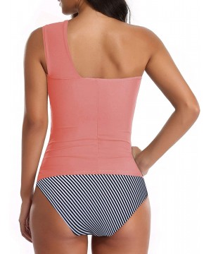 Women Tankini Ruched One Shoulder Tummy Control Top High Neck Swimsuits - Pink Stripe - C8198C5XLSG $36.03-Tankinis