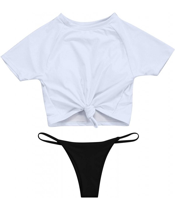 Women Short Sleeve Crop Bikini Top High Waist High Cut Tong Bottom Two Piece Swimsuit - White-black - CX18KH5NEQ3 $22.18-Sets