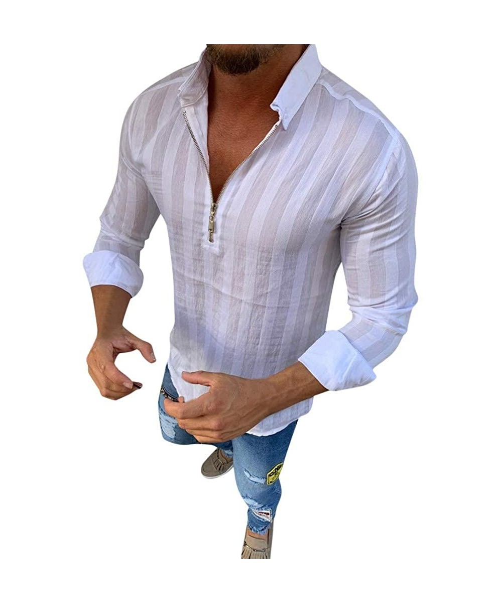 Casual Mens Striped Long Sleeve Zipper Shirts Business Fit Blouse Slim Top - White - CI18YKHO7QU $14.37-Rash Guards