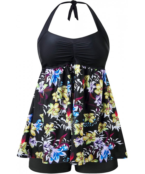 Womens Plus Size Swimsuit Two Piece Tankini Swimwear Bathing Suit Floral Print - Black & Yellow Flower - CG18UW4HTRW $33.63-T...