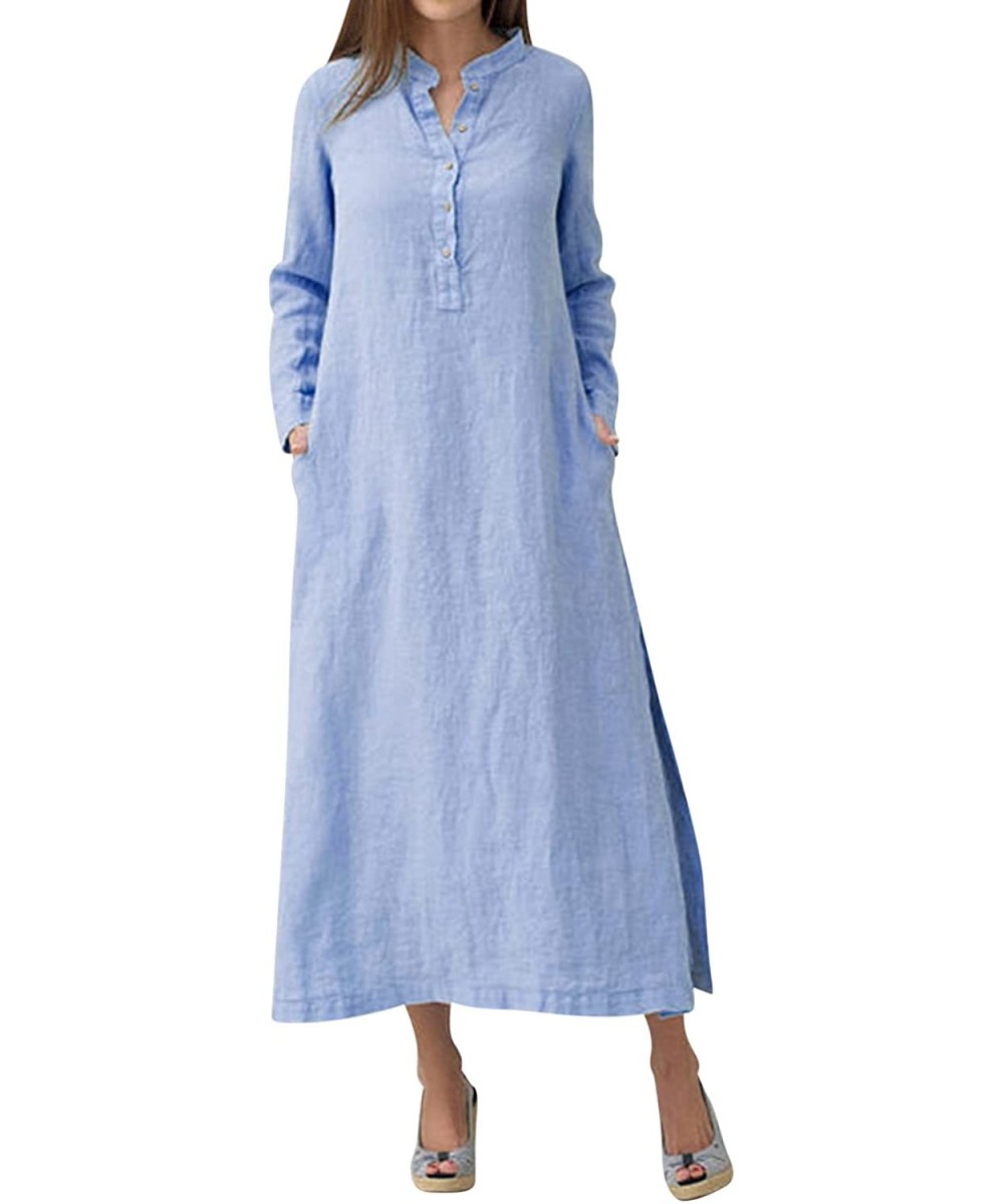 Women Summer Stripe Long Sleeve V-Neck Cotton Linen Plus Size Kaftan Dress - 03-blue - CJ192Z9RY0Z $20.60-Cover-Ups