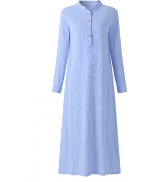 Women Summer Stripe Long Sleeve V-Neck Cotton Linen Plus Size Kaftan Dress - 03-blue - CJ192Z9RY0Z $20.60-Cover-Ups