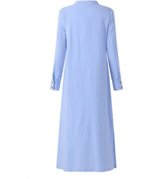 Women Summer Stripe Long Sleeve V-Neck Cotton Linen Plus Size Kaftan Dress - 03-blue - CJ192Z9RY0Z $20.60-Cover-Ups