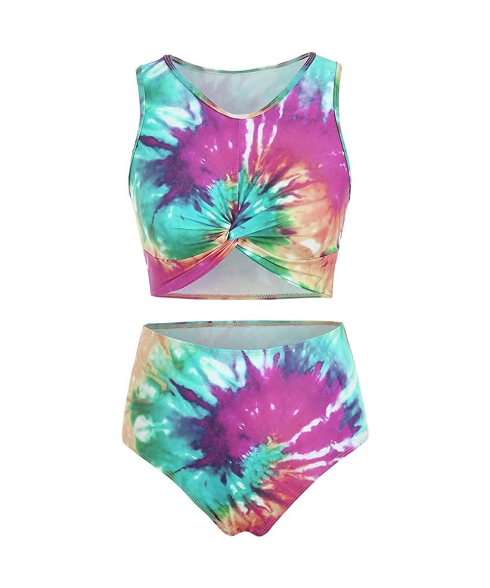 Summer Women's Comfortable and Sexy Twist Front Tie Dye Padded Tankini Swimsuit - Multi-b - C5196C27W89 $21.51-Sets