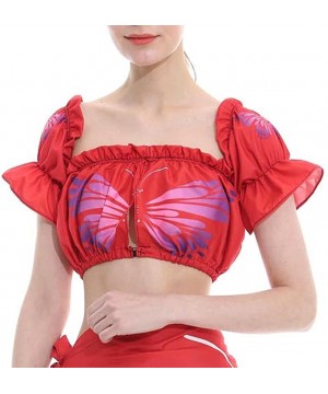 Women Fashion Swimsuit Bikini Cover Up Butterfly Printing Beach Sarong Wrap Skirt+Tank Tops Blouse Tshirt - Red-b - CQ18C0CGS...