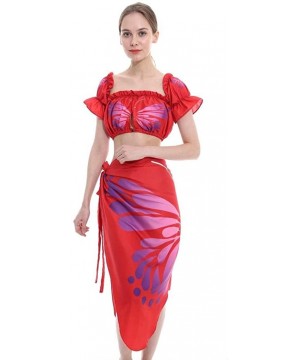 Women Fashion Swimsuit Bikini Cover Up Butterfly Printing Beach Sarong Wrap Skirt+Tank Tops Blouse Tshirt - Red-b - CQ18C0CGS...