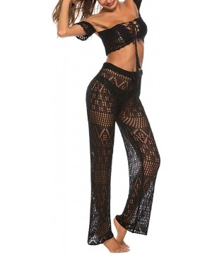 Womens Cover up Pants Swimwear Sexy Knitted Hollow Out Fishnet Crochet Beach High Waist Wide Leg Pants - CU18RYIIS85 $21.30-C...