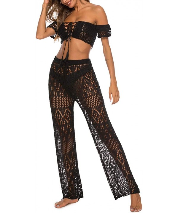 Womens Cover up Pants Swimwear Sexy Knitted Hollow Out Fishnet Crochet Beach High Waist Wide Leg Pants - CU18RYIIS85 $21.30-C...