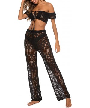 Womens Cover up Pants Swimwear Sexy Knitted Hollow Out Fishnet Crochet Beach High Waist Wide Leg Pants - CU18RYIIS85 $21.30-C...