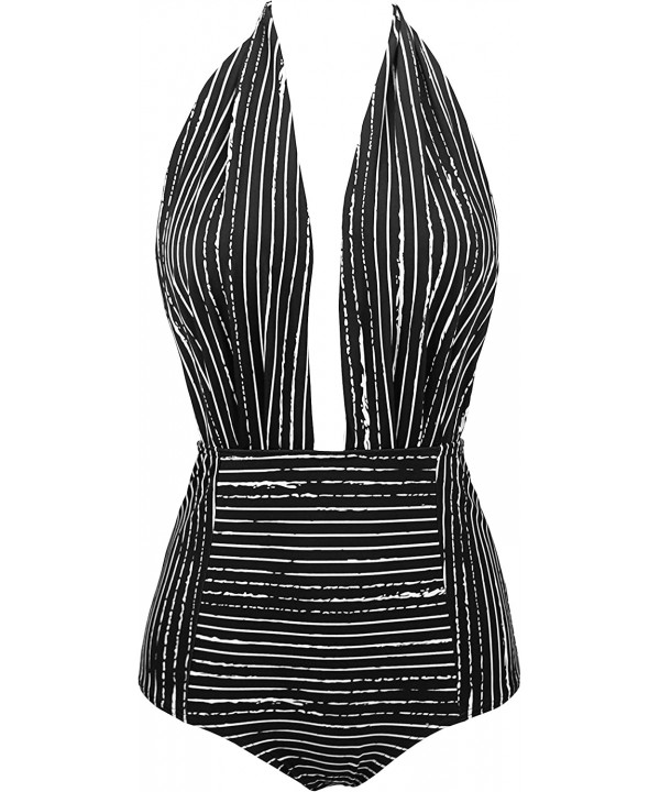 Retro One Piece Backless Bather Swimsuit High Waisted Pin Up Swimwear(FBA) - Black Stripe - CQ18AHDCSSM $24.19-One-Pieces